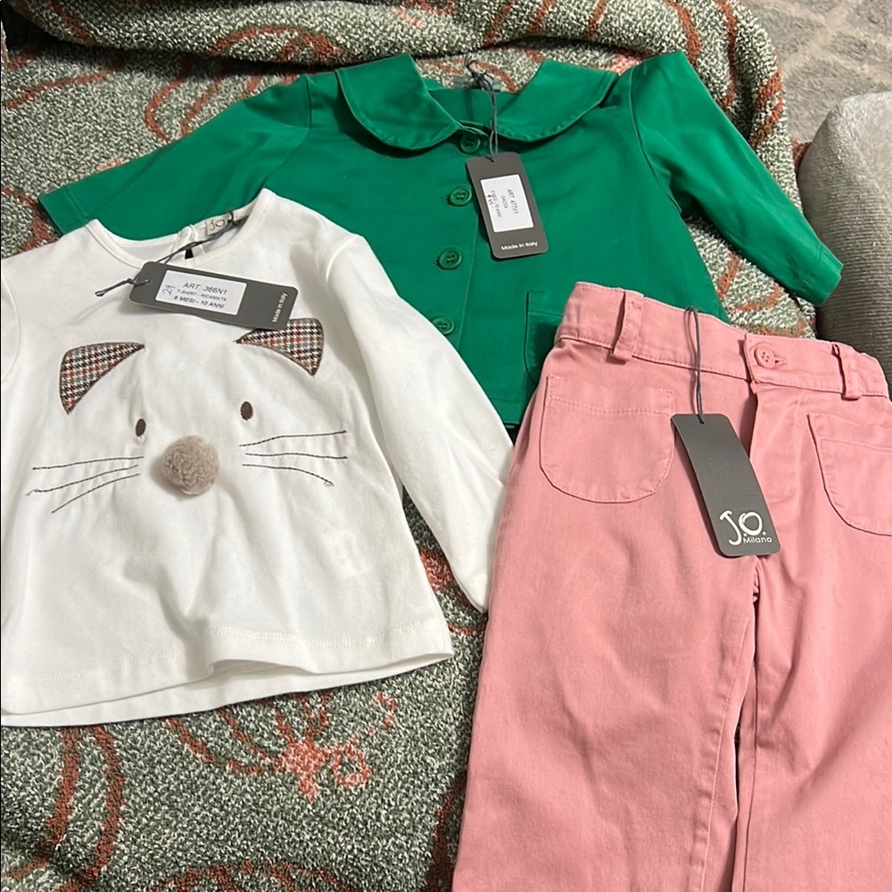 J.O Milano Italian Brand Green Button Cardigan, White Cat Tee & Pink Pants Set